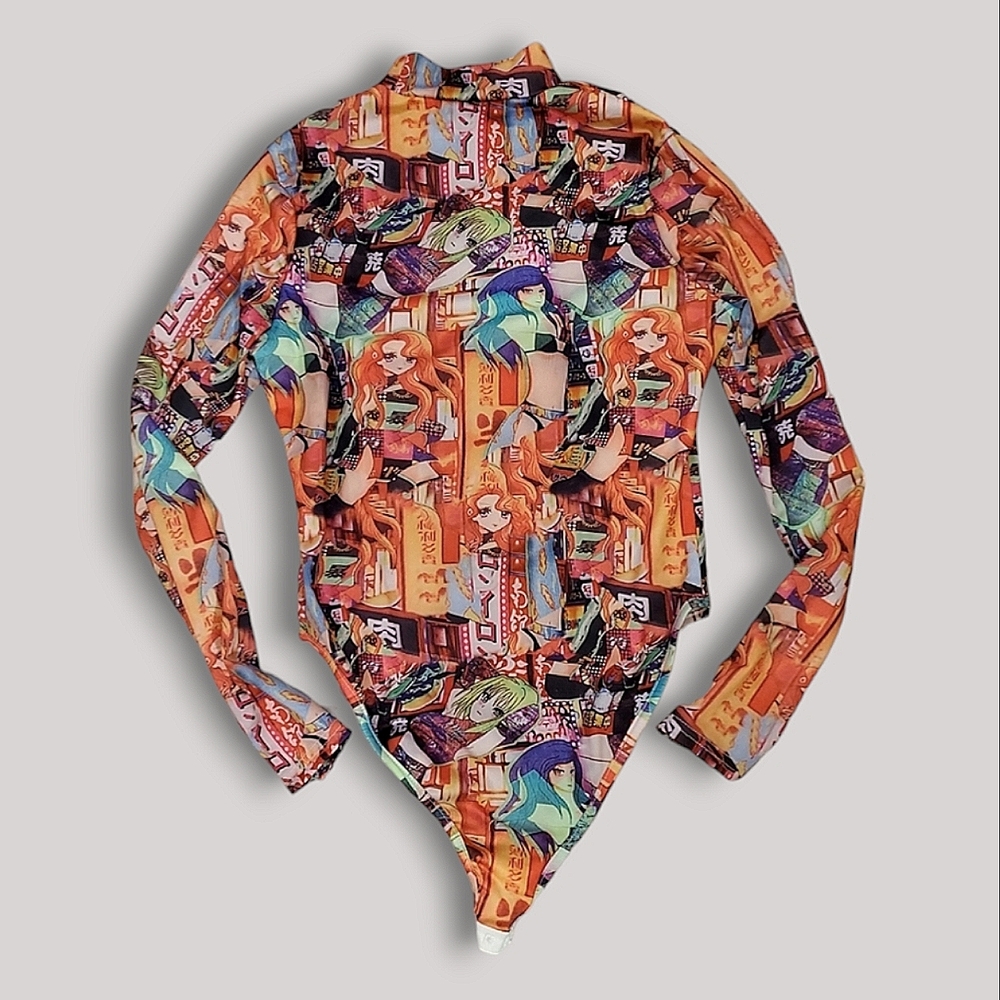 Japanese Anime-Manga Kawaii Graphic Print Mock Neck Bodysuit Onesie- Size Small